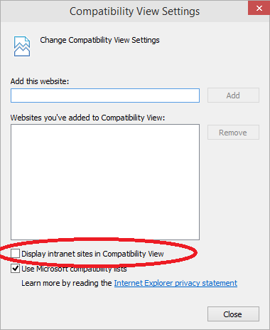 The Display intranet sites in Compatibility View should be turned off / unchecked!